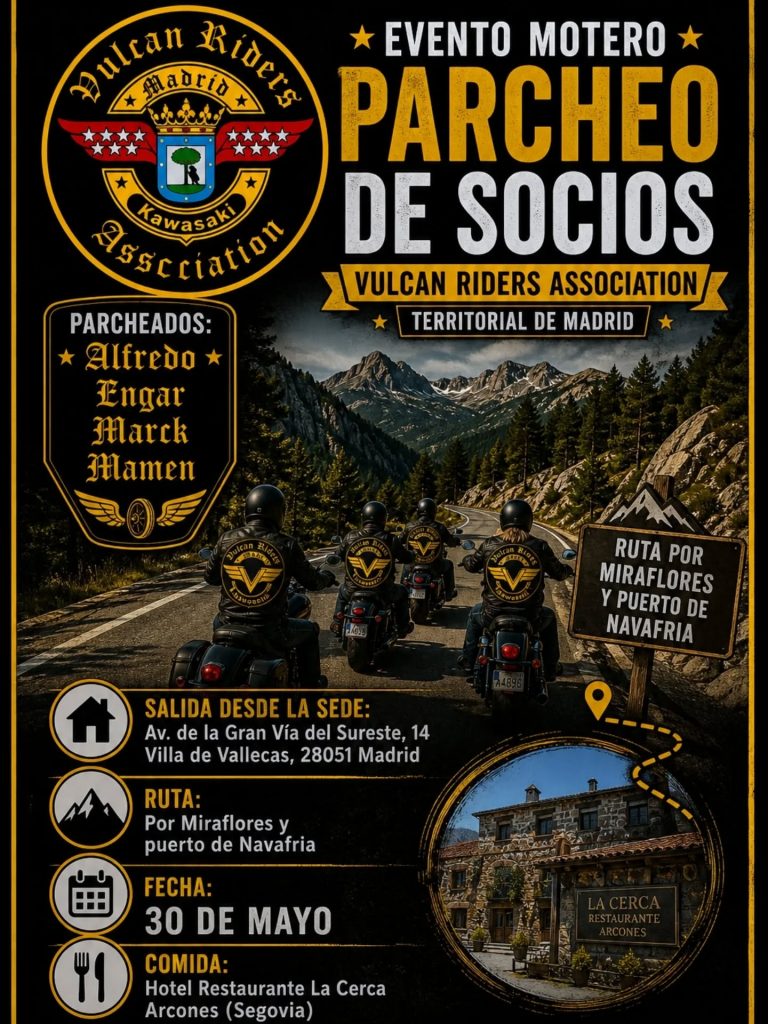 🔔 Parcheo de Alfredo, Engar, Marck y Mamen 30 de mayo El sol de mayo, día treinta, trae el primer botín de la temporada. Nuestros hermanos nos han forjado un camino brutal por las sierras, para caer sobre Segovia y devorar su carne como vikingos hambrientos 😜🙌 Inscripciones y listado de asistentes a través de nuestra web 👇 https://vulcanridersmadrid.com/ruta-parcheo-alfredo-engar-marck-mamen/ Cierre de inscripciones el 15 de mayo