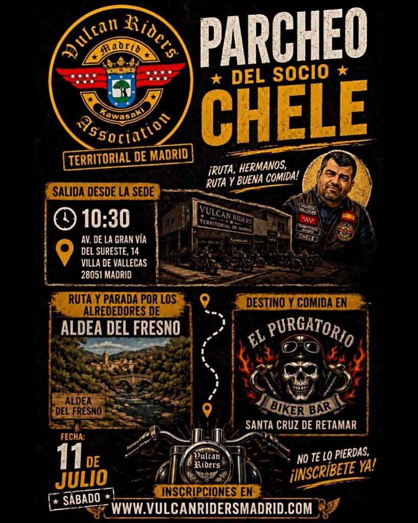 🏍️🔥 PARCHEO DEL SOCIO CHELE 🔥🏍️ ¡Llega uno de los eventos más especiales del año para la familia Vulcan Riders! El próximo sábado 11 de julio celebraremos el parcheo de nuestro hermano Chele, con una espectacular ruta por los alrededores de Aldea del Fresno y comida final en El Purgatorio Biker Bar (Santa Cruz de Retamar). 📍 Salida: 10:30 h 🏠 Sede Vulcan Riders Madrid Av. de la Gran Vía del Sureste, 14 Villa de Vallecas (Madrid) 🏍️ Ruta por carreteras de la zona de Aldea del Fresno 🍔 Comida y celebración en El Purgatorio Biker Bar 🤘 Buen ambiente, compañerismo y muchas ganas de compartir kilómetros ⚠️ Cierre de inscripciones: 5 de julio ⚠️ 📝 Inscríbete en https://vulcanridersmadrid.com/ruta-parcheo-chele ¡No te lo pierdas! Ven a acompañar a Chele en un día que recordaremos durante muchos años. #VulcanRidersMadrid #ParcheoChele #vulcanridersassociation #Kawasaki @purgatoriobikerbar_oficial
